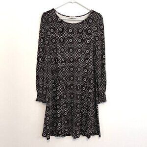 ANN TAYLOR LOFT Outlet Black White Brown Geo Geometric Long Sleeve Shift Dress M